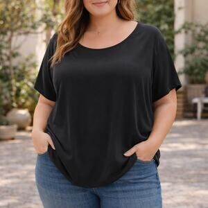 Eileen Fisher Women's SZ 1X 100% Silk Scoop Neck Tee In Black Elevated Basic